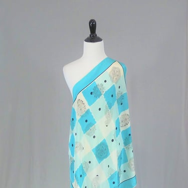 Vintage Blue Silk Scarf - Black Paisley Squares Polka Dots - Hand Screened and Rolled - Made in USA -  30