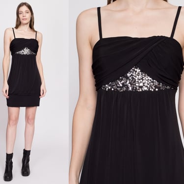 Medium Y2K Bubble Hem Sequin Party Dress | Vintage Black Spaghetti Strap LBD Mini Dress 