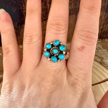 TRICIA LEEFETY ZUNI Sterling Silver Ring | S/S Kingman Turquoise | Flower Style | Native American, Navajo Southwestern Jewelry | Size 8/8.5 