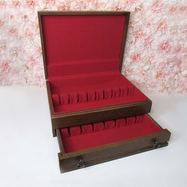 Vintage Wooden Silverware Flatware Chest Storage Box with Drawer-No Tarnish Felt Lined 