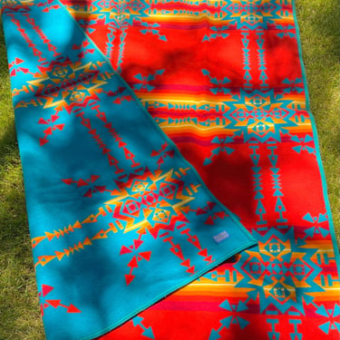 Vintage Pendleton Reversible Red & turquoise multi-color Oregon Beaver State Southwest Native American Pattern Indian Wool Blanket~ 