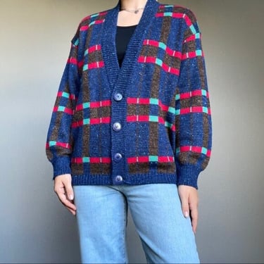 Vintage 80s Plaid Striped Oversized Button Up Wool Blend Preppy Blue Cardigan 