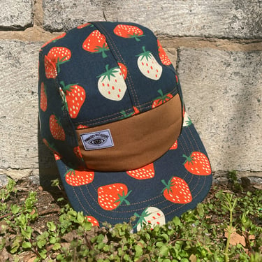 Handmade 5 Panel Camp Hat, strawberry print Baseball Cap, Moldable Brim five panel hat, Snap Back, 5panel hat, gift for her, gift for him 