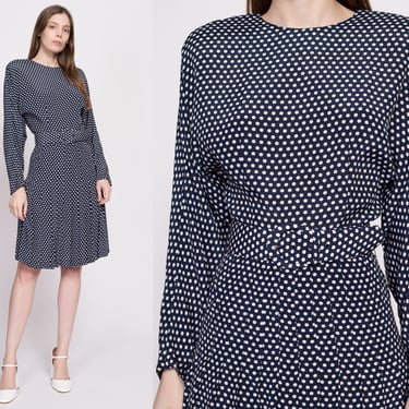 Small 80s Polka Dot Belted Dolman Sleeve Dress | Vintage Ann Tjian Kenar Navy Blue Pleated Secretary Midi Dress 