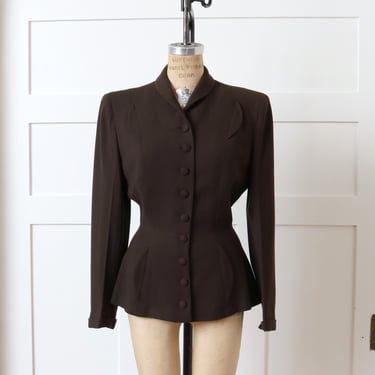 vintage womens 1950s tailored blazer • dark brown fine wool nipped waist jacket with flared accents 