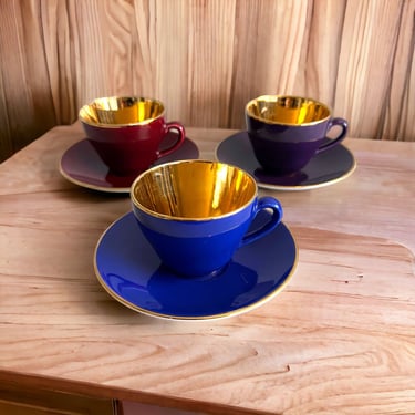 Vintage Royal Copenhagen Confetti Tea Cups and Saucers Purple Blue Maroon Gold 