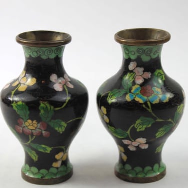 Vintage Chinese Cloisonne Mini Vase Set Black Enamel on Brass 