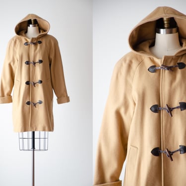 tan wool coat | 90s vintage Stephanie Matthews beige light brown hooded duffel toggle wool jacket 