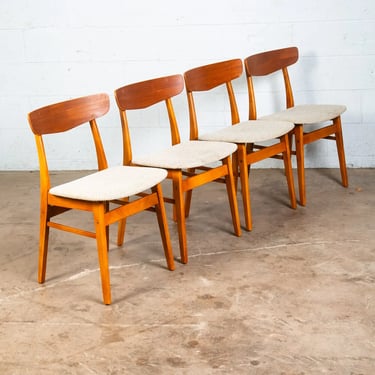 Mid Century Danish Modern Dining Chairs Set 4 Cream Off White Fabric Oak Teak NM