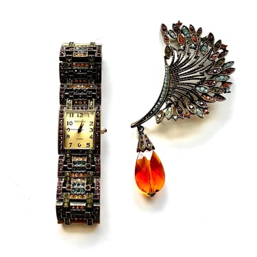 Vintage Heidi Daus Retired Pin and Art Deco Bracelet Watch Jewelry Set 