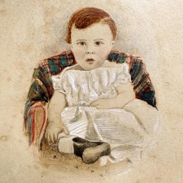 Sweet Antique Victorian Miniature Portrait Painting of Baby Boy, Civil War Era 