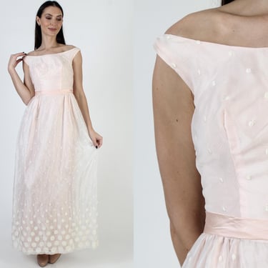 60s Emma Domb Bridal Dress, Embroidered Swiss Dot Gown, Pink Chiffon Maxi Wedding 