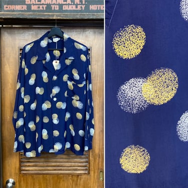 Vintage 1950’s Size XL Atomic Pattern Silky Rayon PJ Pajama Hawaiian Rockabilly Shirt Top, 50’s Vintage Clothing 