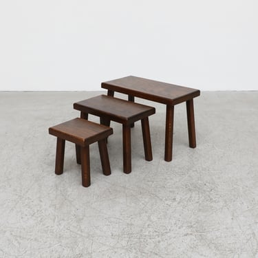 Set of 3 Dark Oak Pierre Chapo Style Brutalist Nesting Tables