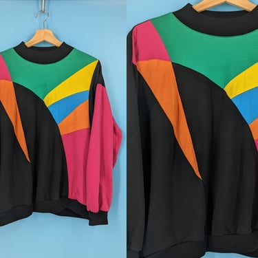 Vintage 90s Colorblock Pullover Shirt with Pockets - XL Nineties Geometric Design Sweatshirt 