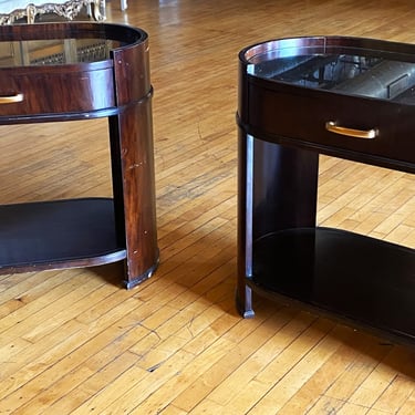 Oval Curved End Table w Drawer and Glass Top