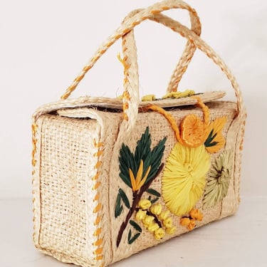1960s Straw Bag Woven Boxy Purse Hawaiian Tropical Tiki Summer Festival Boho Chic Cottagecore 