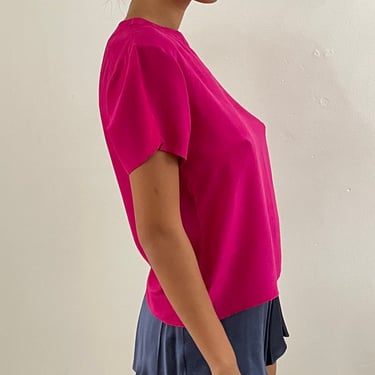 90s silk tee blouse / vintage fuchsia neon pink silk crepe box tee short sleeve crew neck pullover blouse tee | Small 