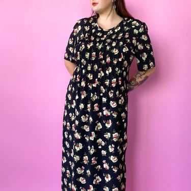 1980s Black Floral Print Dress, sz. 3X