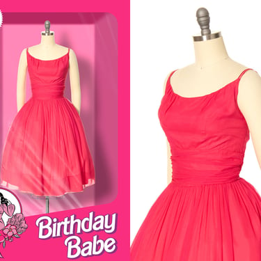 Vintage 1950s Dress | 50s Silk Chiffon Hot Pink Spaghetti Strap Fit and Flare Full Skirt Formal Cocktail Bridesmaid Party Gown (small) 