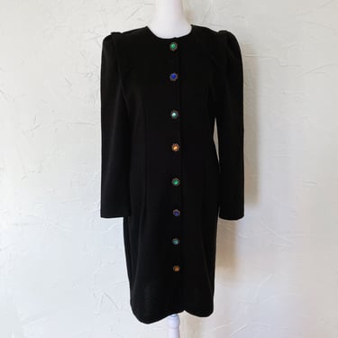 80s Multicolored Rainbow Glass Button Down Black Knit Midi Dress | Medium/Large 