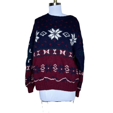 Vintage John Ashford Blue Maroon Chunky Handknit Wool Snowflake Ski Sweater, XL 