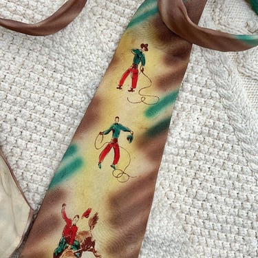 Vintage 1940s Silk Hand Painted Cowboy Tie Western Accessory by TimeBa