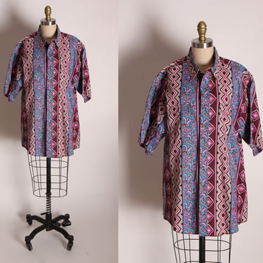 1980s Blue and Pink Paisley Short Sleeve Button Down Western Garth Brooks Style Shirt by Wrangler -XL 