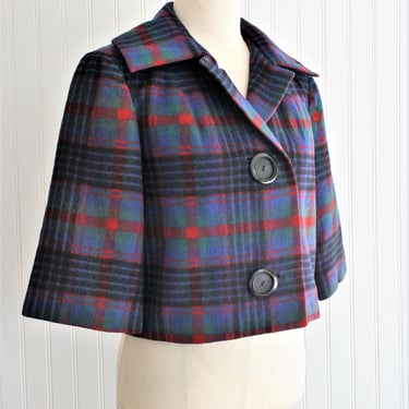 1960s - Cropped Wool Jacket - Pin Up - Plaid - Mid Century Mod - Estimated size M/L 