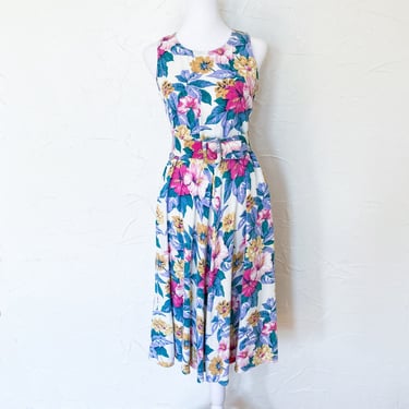 80s Sleeveless Cream Tropical Floral Belted Midi Dress | Small 