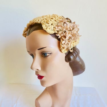 1950's Golden Yellow Crochet Straw Juliet Cap Fascinator Tan Fabric Flowers Trim Velvet Bow 50's Spring Summer Millinery 