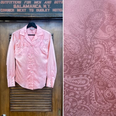Vintage 1960’s “H Bar C” Pink Shiny Cowboy Mod Western Satin Glam Rockabilly Shirt Top, 60’s Vintage Clothing 