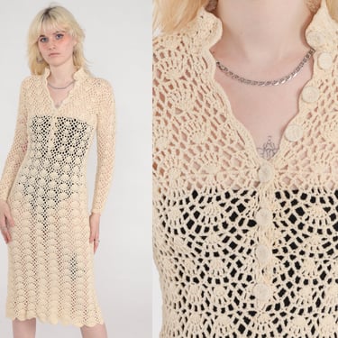 Sheer Crochet Dress 70s Midi Cream Knit Boho LACE Hippie Bohemian Button Up 1970s Cutwork Open Weave Vintage Long Sleeve Extra Small xs s 