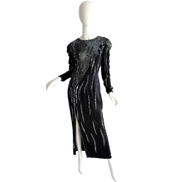 80s Black Tie Sequin Silk Evening Gown / Vintage Beaded Mesh Dress / 1980s Black Gown Large 