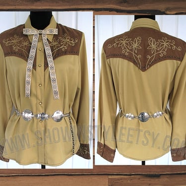 Vintage Retro Women's Cowgirl Western Shirt by Scully, Rodeo Queen Blouse, Golden Tan with Floral Embroidery, Size Large (see meas. photo) 