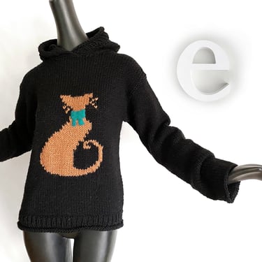 Handmade Kitty Cat Hooded Sweater | One of a kind | Rockabilly | Hippie | Boho | Hand Knit Hoodie | Black + Copper Beige | Original Design 