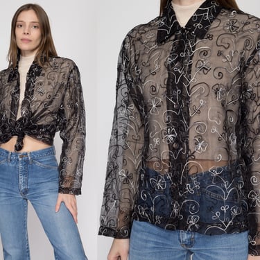 Small 90s Sheer Black Silk Embroidered Blouse | Vintage Oversize Boho Floral Collared Long Sleeve Top 