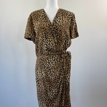 1990s Maggy London Cheetah Print Silk Wrap Dress 