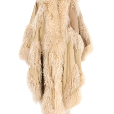 Adrienne Landau Mongolian Fur Trimmed Leather Shawl
