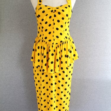 1970s - Yellow Halter - Polka-Dot - Wiggle Dress - sundress - Peplulm  - Estimated M 