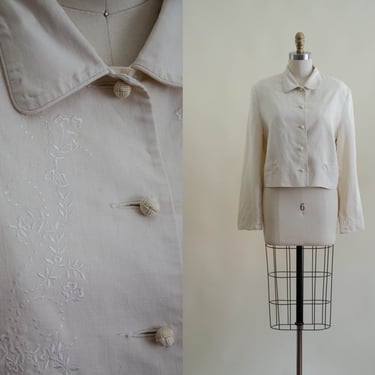 embroidered linen jacket | 90s vintage Laura Ashley romantic floral embroidered cream ivory white short cropped linen blazer 