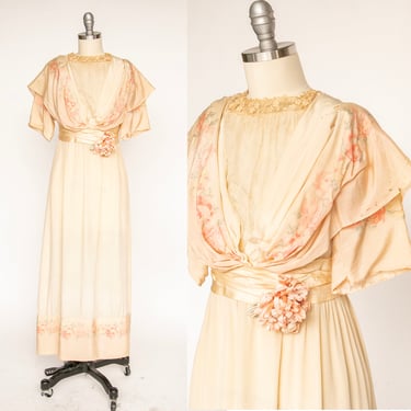 Edwardian Gown Antique Dress Silk Floral XS 