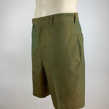1960'S Sharkskin Shorts - Iridescent Green Fabric - Flat Front with Slash Side Pockets - 2 Rear Pockets - Men's 32 Inch Waist 