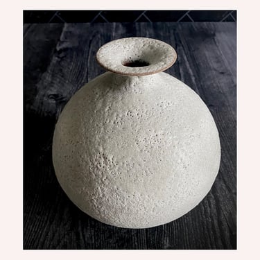 SHIPS NOW- Seconds Sale - Stoneware Round Flanged Bud Vase with White Crater Lava Glaze by Sara Paloma Pottery - 6.5" tall x 6.5" across 