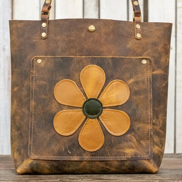 The Flower Power Leather Tote Bag | Limited Edition |  Handmade Purse |  Made in the USA | Leather Handbag | Personalized 
