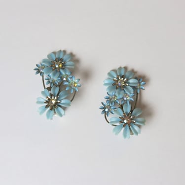 Vintage 1950s Coro floral climber earrings, clip on, soft plastic, ab rhinestones, arora borealis, statement jewelry 