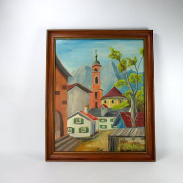 Landscape Impressionist Oil on Canvas Scenic Architectural European Village Painting Vintage Wood Framed Original Signed Artwork 1967 