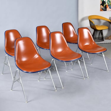 6 Eames Stackable Eastern Air Lines Red Orange Naugahyde Pad Fiberglass Shell Chairs 