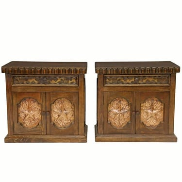 Pair of Jorge Kurczyn Hacienda Santa Klara Lone Star Solid Wood Hammered Copper Tooled Leather End Table Cabinets Nightstands 