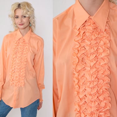 70s Tuxedo Shirt Peach Orange Ruffle Prom Shirt Button Up Top Formal Shirt Dagger Collar Victorian Long Sleeve Vintage 1970s Men's Medium 